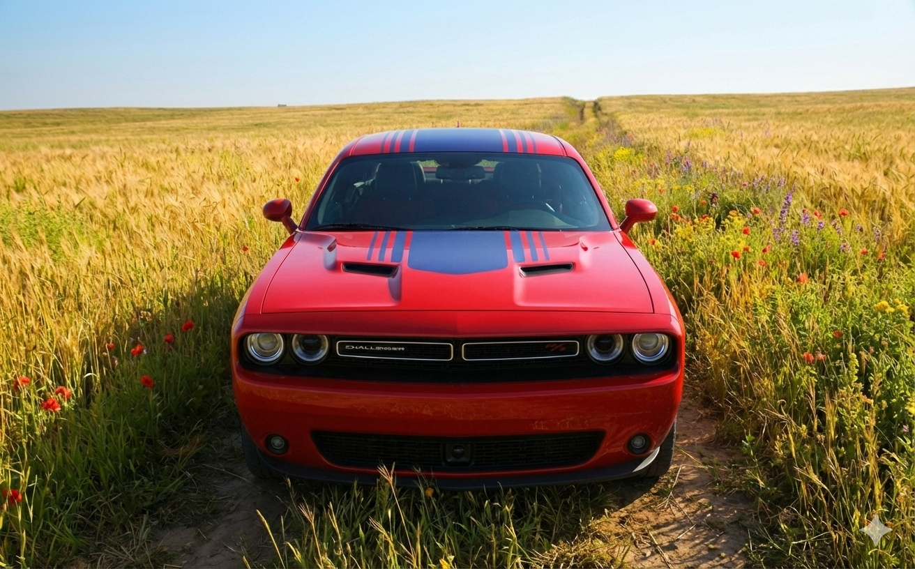 Red Dodge Challenger with hood and roof graphics