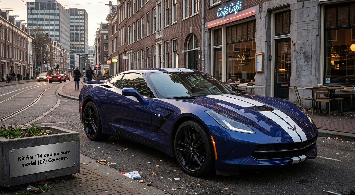 blue chevrolet corvette in an urban scene with white performance graphics hood  graphic