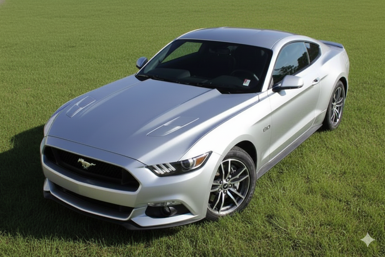 grey mustang in a field with no pin striping or graphics - from the factory paint job only