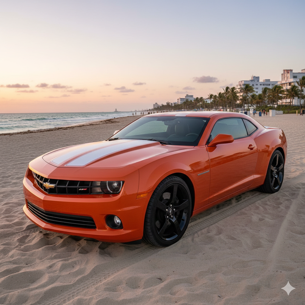 Orange camaro on the beach with aftermarket graphic kit highlighting and enhancing the muscle car