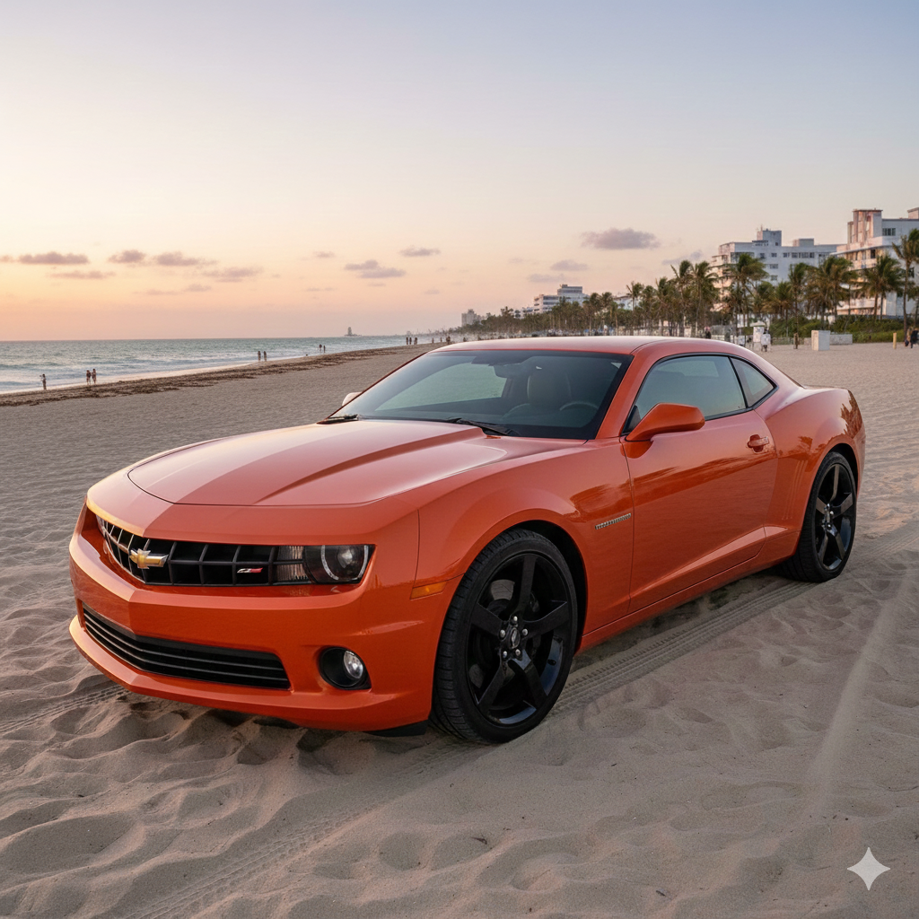 orange camaro on the beach with no pin stiping or graphics just the factory paint job